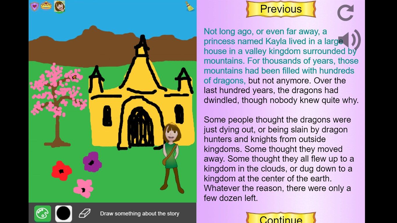 Narration can be turned on or off. Text highlights as the story is narrated. Pages turn purple once read to keep track of progress. Pictures are saved on your device so kids can keep working on their pictures each time they read the story!